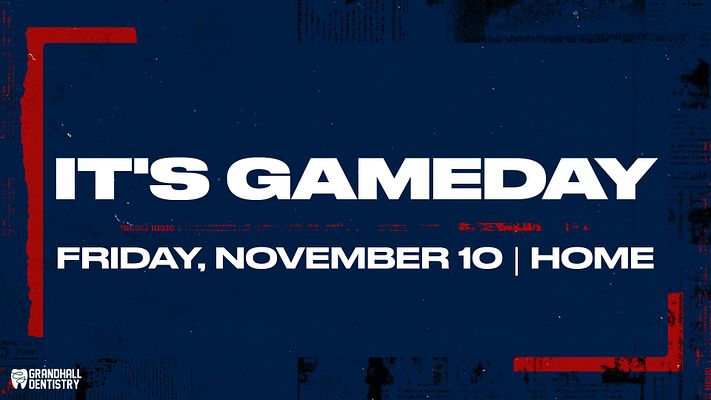 Gameday template with dark background, bold white headline text, circular team logo at top center, and accents in corners. Designed for multiple social media formats including landscape, Instagram feed, and Stories.