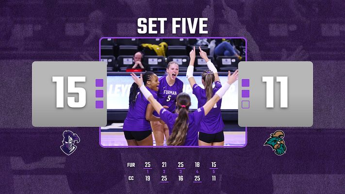 Volleyball set score template with purple background, large central photo area of players celebrating, score boxes on left and right displaying set points, and point-by-point breakdown table below. Designed for social media sharing across landscape, Instagram, and Story formats.