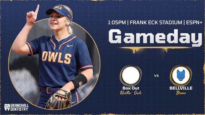 Game day template with blue and gold color scheme, featuring a player photo in a circular cutout, large 'GAMEDAY' text, team logos, and game details laid out thoughtfully.
