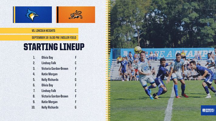 Lineup template with heritage style featuring large player photo on left, opponent logos and game details at top center, and numbered roster list on right with player names and positions on cream background