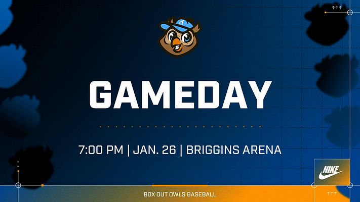 Landscape motion template with deep blue background, team owl logo centered at top, large white 'GAMEDAY' headline, game details text below, and orange accent bar at bottom with team name. Designed for video headlines and social media.