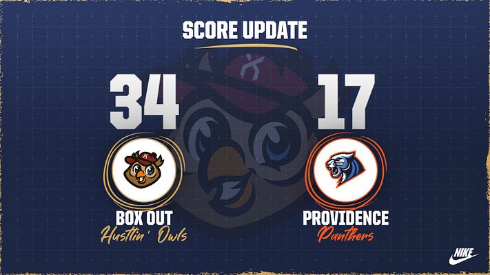 Score update template with dark navy background, large centered scores for two teams, circular logo placeholders with team names and mascots below, scribbled design elements, suitable for social media sharing across multiple formats