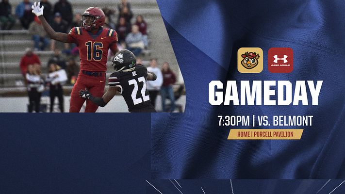 Game day template with football player photo on left, blue diagonal stripe design on right, logos at top, and white text displaying game time, opponent, and location details