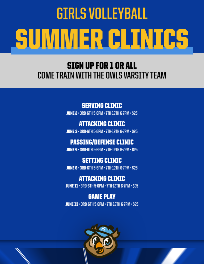Portrait layout template for volleyball clinic print. Blue and gold color scheme, prominent title, clinic details listed in sections, and a graphic element at the bottom.