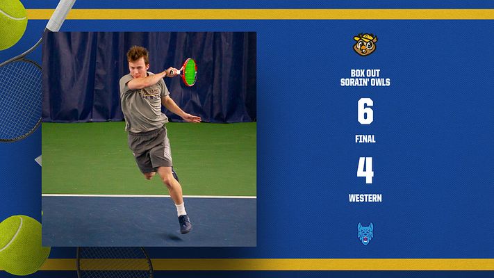 Tennis score template with a blue background, left side featuring a player photo action area, and right side displaying match details and scores.