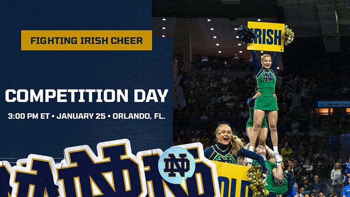 Cheerleading template featuring a blue and gold color scheme, large team logo and title, photo area with cheerleaders performing, and space for event details on the bottom.