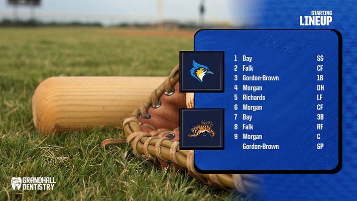 Baseball lineup template with a blue and white color scheme, featuring a player action photo on the left and a list of player names on the right, designed for showcasing starting lineups.