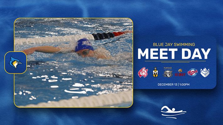 Swimming meet day template with a blue aquatic background, featured swimmer image on the left, event details on the right, and team logos below the title.