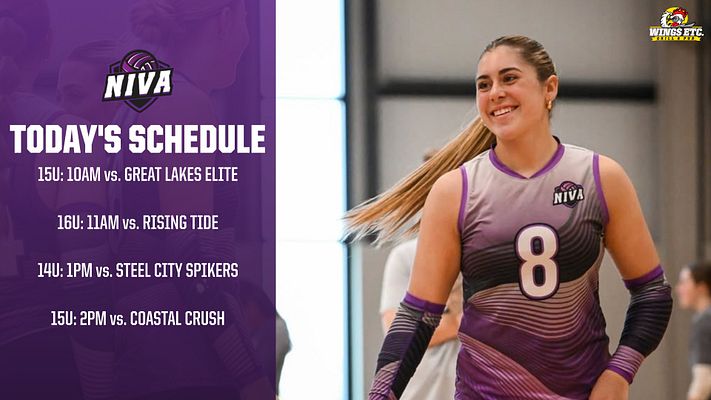 Event schedule template with purple and white color scheme, featuring a player photo on the right and a list of upcoming matches on the left side.