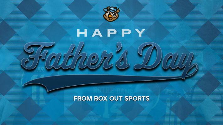 Father's Day sports template with blue diamond pattern background, bold script text reading 'Happy Father's Day', team logo at top, and space for custom branding. Available in landscape, Instagram portrait, and story formats.