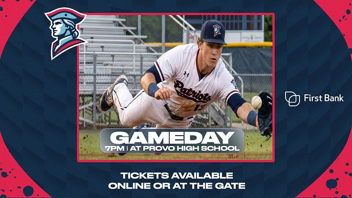 Gameday template with paint splatter design featuring navy and red colors, large photo area with red border, team logo in top left, sponsor logo in top right, game time text overlay, and headline text at bottom for ticket information. Multiple formats available for social media.