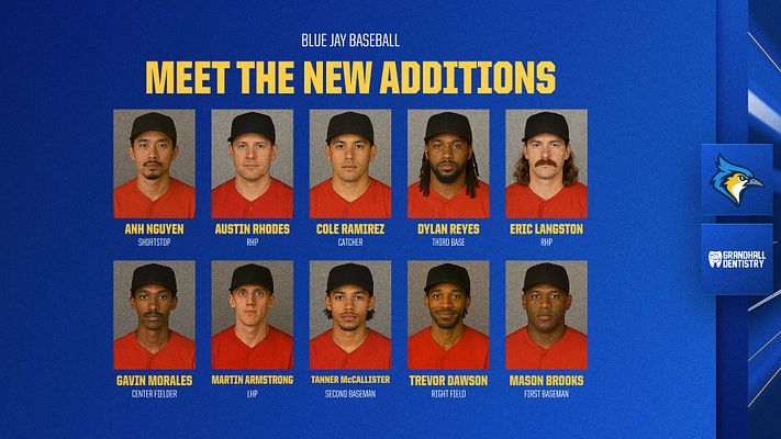 Photo roster template featuring eight runner headshots arranged in a grid, bold yellow 'MEET THE TEAM' title at the top, and logos in the bottom corner. Designed for player spotlight.