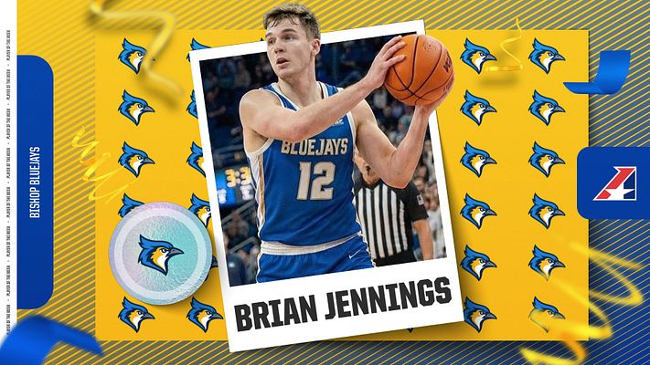 Player spotlight template with yellow and blue color scheme, featuring large centered player photo with white border frame, player name banner below, repeated team logo pattern background, circular badge element, and text areas for social media sharing