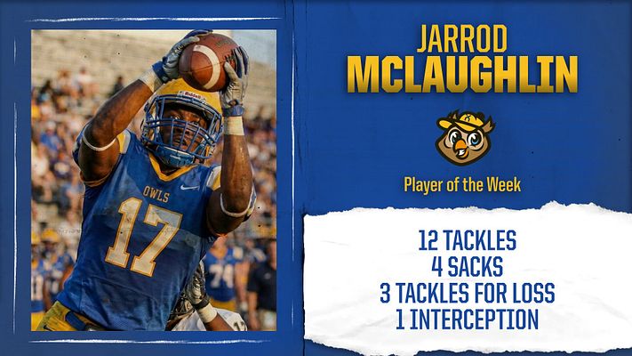 Player spotlight template with paper tear design featuring blue and gold colors. Left side has large player photo area, right side displays player name in yellow text, team logo, Player of the Week badge, and statistics section on white torn paper element.