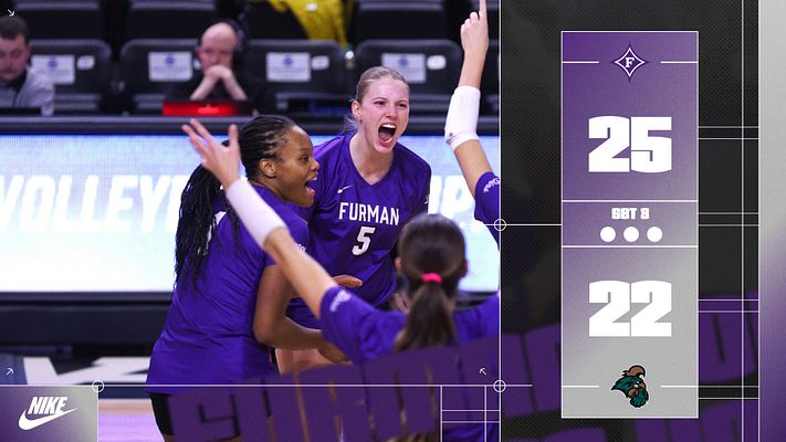 Volleyball score template with team photo on left and purple score display on right showing set scores and match points, designed for landscape, Instagram, and story formats across social media platforms