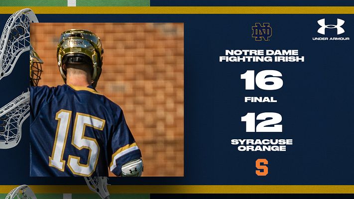 Lacrosse score template with a bold layout. Left side features a player photo placeholder, right side displays team names and final score in large text, navy and gold color theme.