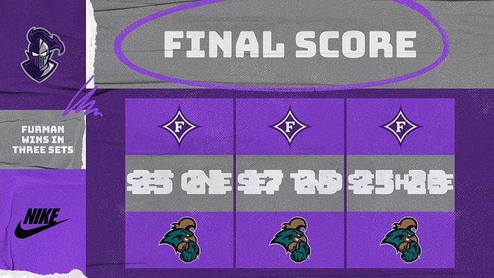 Score update template with gray and purple background, large 'FINAL SCORE' text, and three sections showing set scores for volleyball match, with team logos and social media integration.