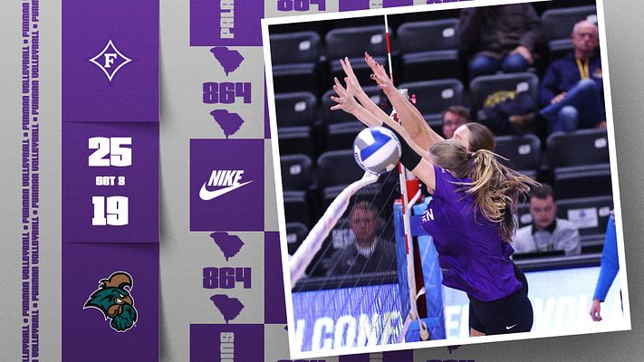 Volleyball score graphic template with a purple and white color scheme, featuring score details and player image on the right, and space for branding and match info on the left.