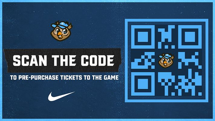 QR code template with dark blue and halftone background, large branded QR code on right with bright blue border and logo in center, left side features white text reading 'SCAN THE CODE' and call-to-action below, branded mascot logo and Nike swoosh visible, designed for multiple formats
