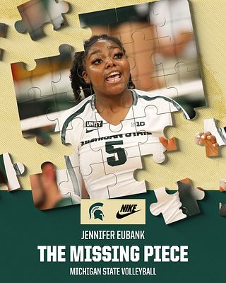 Recruiting template featuring a puzzle design with photo of athlete in center surrounded by scattered puzzle pieces on cream background. Dark banner at bottom displays athlete name, headline text "The Missing Piece", and team/sport information. Designed for Instagram and Stories formats.