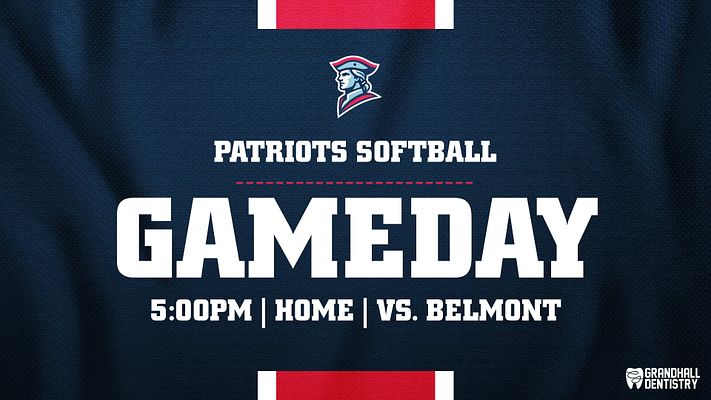 Gameday graphic template featuring a navy background with red and white stripes, large headline text for team, game time, and opponent information, ideal for social media announcement.