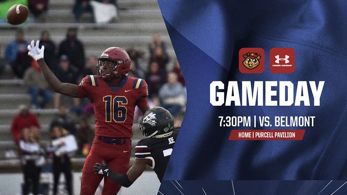 Game day template with football player photo on left, blue diagonal stripe design on right, logos at top, and white text displaying game time, opponent, and location details