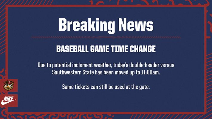 Template featuring bold 'Breaking News' text at the top, with a navy background and white text. Includes news details about a baseball game time change, with team logos at the corners.