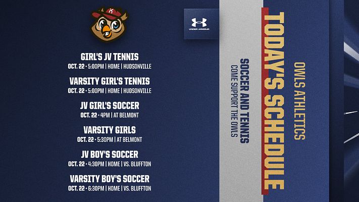 Event schedule template with dark blue background, team logo in upper left, event listings on left side showing dates and times, and vertical gold text on right side reading 'The Necchs Save' with 'Supporter' text below. Multi-format design for social media sharing.