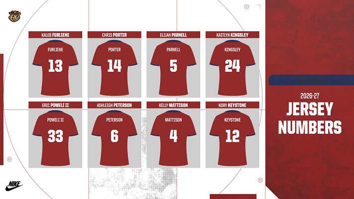 Jersey reveal template with two-column layout: left side displays grid of 8 red soccer jerseys with player names and numbers, right side features large text area with team logo and 'JERSEY NUMBERS' heading on deep red background. Available in landscape, Instagram, and story formats.