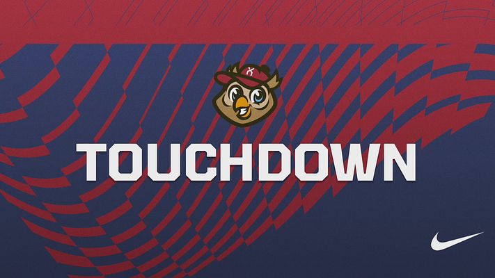 Logo template featuring cartoon owl mascot head with red cap on navy and red diagonal striped background. Includes repeated text header and brand lockup. Available in landscape, Instagram, and story formats.