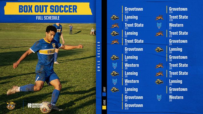 Vertical sports schedule template with a left photo area showcasing an athlete in action, and a right column listing game dates and opponents in blue and yellow colors.