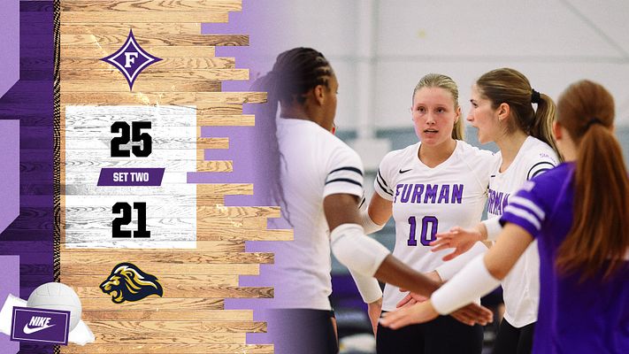Volleyball set update template with wooden court background, purple and white color scheme, displaying set scores on left side with team logo and matching action photo of players on right side