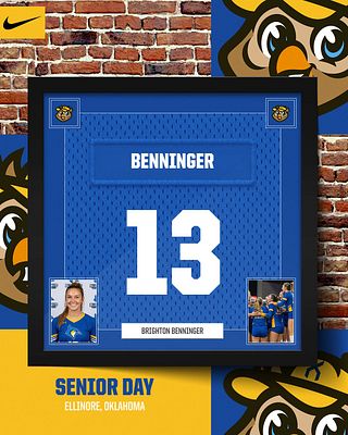 Jersey frame template with blue athletic uniform displaying large number and player name, brick wall background, photo placeholders in corners, and yellow banner for team name and event details. Designed for recruiting, signing day, and player spotlight announcements.