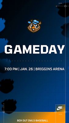Vertical motion template featuring a bold 'GAMEDAY' headline, with game time and location below. Includes a mascot graphic at the top and branding elements at the bottom.