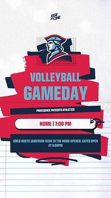 Vertical gameday motion template with a notebook-style background, featuring a central owl logo, bold 'Football Gameday' title, game details below, and colorful accents.