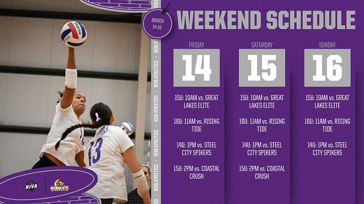 Weekend schedule template featuring a purple background with event details for Friday to Sunday. Includes game times and opponents, photo placeholder on the left.