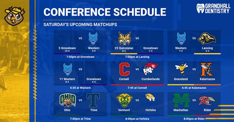 Conference schedule template with blue background, gold and dark accent stripe on left side. Displays multiple upcoming matchups organized in grid layout with team logos, names, records, and game times. Header features sport organization logo and sponsor branding. Designed for displaying weekend matchups and conference games.