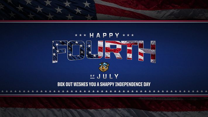 4th of July template with a blue background, large 'HAPPY FOURTH' text featuring patriotic colors, and a logo at the center, including a greeting message at the bottom.