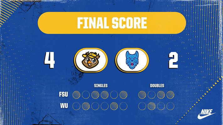 Tennis score template with blue background, 'FINAL SCORE' headline in yellow, team logos in the center, and sections for singles and doubles scores below.