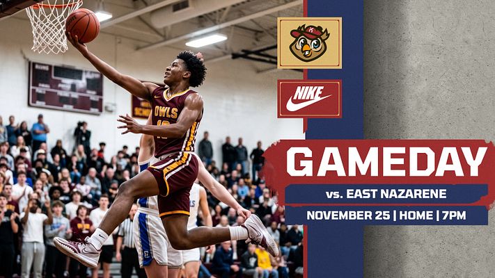 Gameday template featuring full-court basketball background with player action photo on left, team logo and sponsor badges at top right, bold "GAMEDAY" title, opponent name, date, time and location details on red and navy banner design