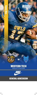 Portrait ticket template featuring athlete photo at top, team name and logo in center, Nike branding, and admission details at bottom on dark blue background