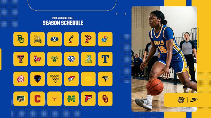 Schedule template with bold blue background, grid of game dates on the left, large player action photo on the right, designed for social media sharing.