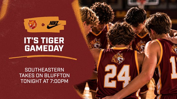 Basketball template with burgundy and gold color scheme featuring team logo and Nike badge on left, large photo of players on right, bold headline text area on left, and smaller body text placeholder below. Designed for promotional content with customizable text and image areas.