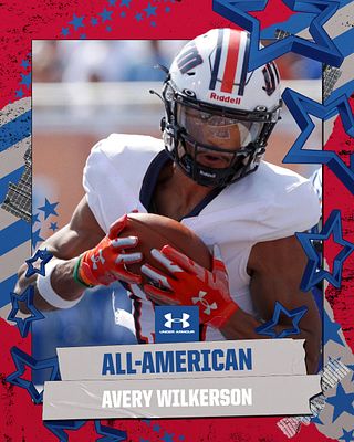 Patriotic recruiting template with player cutout photo on red and blue star background, white banner displaying 'ALL-AMERICAN' label and customizable name area, designed for player spotlights and recruiting announcements