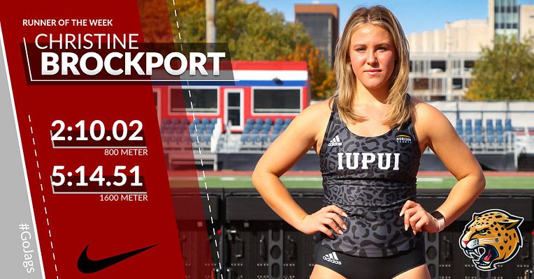 Track and cross country player spotlight template with red left panel featuring athlete name, competition times, and white dashed divider lines, alongside full-body player photo on right against stadium background. Includes space for team logo and sponsor branding.