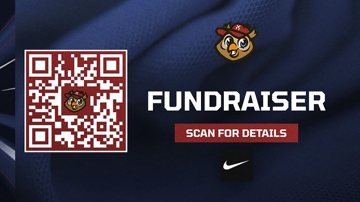 Announcement template featuring a QR code prominently on the left, purple gradient background, bold 'FUNDRAISER' text, and a 'SCAN FOR DETAILS' button on the right.