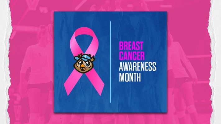 Breast Cancer Awareness template with bright pink background, dark blue center panel featuring oversized pink ribbon, bulldog mascot logo, and bold white and magenta text. Available in landscape, Instagram, and story formats.