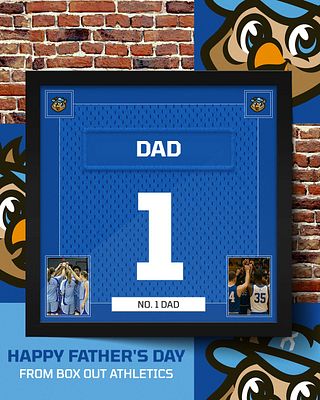 Father's Day template featuring a red sports jersey design with large number 1, photo placeholders in corners, brick wall background, and 'Happy Father's Day' text at bottom
