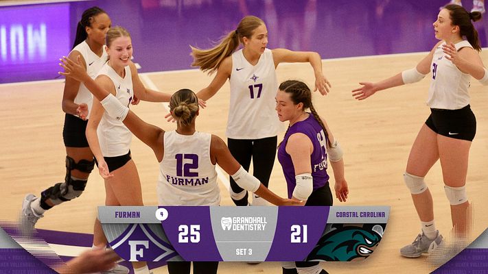 Volleyball score template with a vibrant purple and white color scheme. Features player images in action, score display for Furman vs Coastal Carolina, and sections for set and branding.
