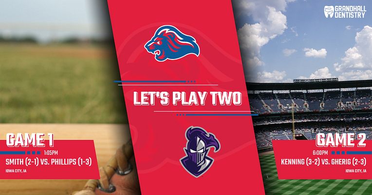 Baseball double-header gameday template with red central banner displaying team logos and "Let's Play Two" heading. Left side shows baseball and glove with Game 1 details, right side features stadium with Game 2 details. Landscape format designed for back-to-back game matchup graphics.